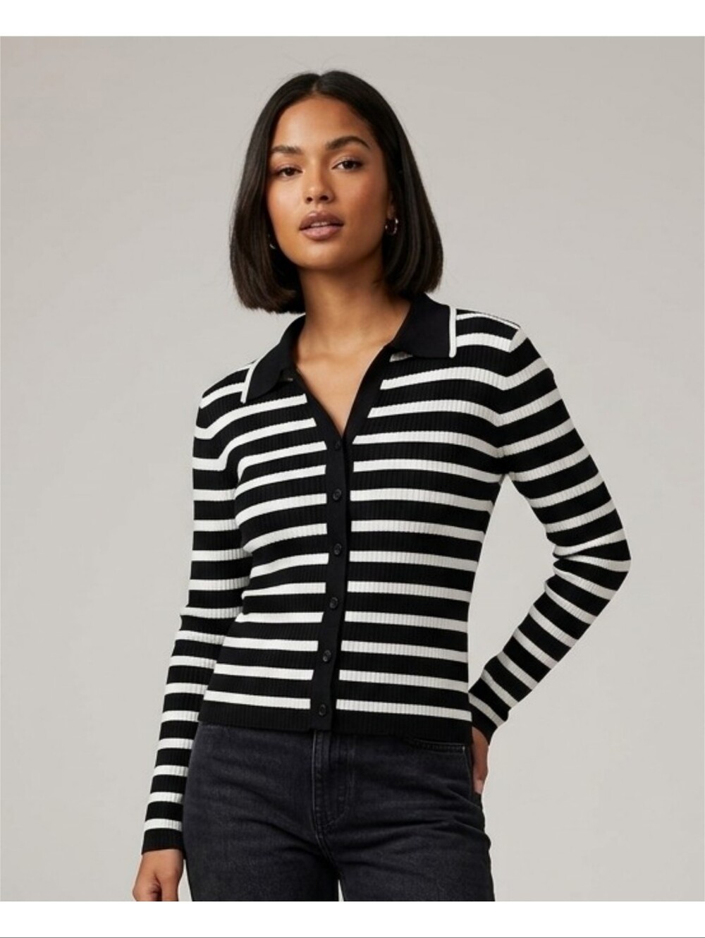 Nine West Rib Knit Striped Polo Cardigan Sweater Black & White Size M